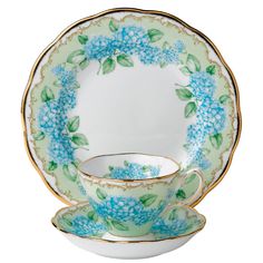 two tea cups and saucers with blue flowers on the rim, one is empty