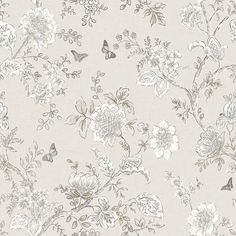 a white and grey floral wallpaper with butterflies on the top right side of it