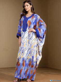 Orcajump - Plus Size Boho Abaya Dress, Women's Plus Tie Dye & Marble Print Batwing Sleeve V Neck Loose Maxi Kaftan Dress Plus Size Boho, Maxi Kaftan, Abaya Dress, Style Party, Marble Print, Kaftan Dress, Batwing Sleeve, Bat Wings, V Neck Dress