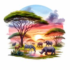 an elephant and zebras are drinking water in the wild at sunset or dawn with trees