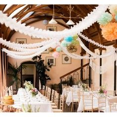 an indoor wedding venue with tables and chairs