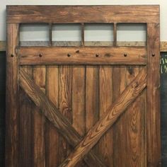 a close up of a wooden door on a wall