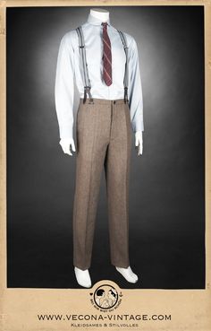 "Prohibition might be over but the jazz age style of the 1920s is present as ever! The high waistband with fishtail back and cinchback are the striking details of these splendid trousers. They feature a buttoned fly, welt pockets and tapered legs. High-quality art déco lining provides comfort and an elegant drape. Six buttons at the outside of the waistband are already in place. You only have to choose your favorite pair of suspenders. Complete these trousers with the matching waistcoat and jack Classic Brown Tapered Leg Dress Pants, Wool Brown Bottoms With Belt Loops, Brown Wool Bottoms With Belt Loops, Brown Bottoms With Belt Loops For Tailoring, Retro Fitted Wool Bottoms, Classic Brown Pants For Tailoring, Fitted Vintage Wool Pants, Classic Fitted Brown Pants, Brown Pants For Tailoring With Belt Loops