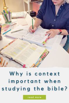 a woman sitting at a table with books and pencils in front of her, reading the text why is contentment important when studying the bible?