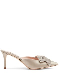 beige satin calf leather pointed toe bow detailing crystal embellishment slip-on style branded leather insole stiletto heel 70mm heel height Tone Calves, Bow Mules, Suede Mules, Sarah Jessica, Sarah Jessica Parker, Leather Mules, Crystal Embellishment, Grey And Beige, Mule Clogs