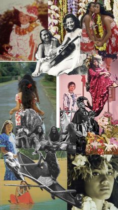 the collage has many different pictures and people in it, including one woman wearing a flowered headdress