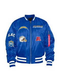 Los Angeles Chargers X Alpha X New Era MA-1 Blue Bomber Jacket Blue Urban Sports Outerwear, Urban Blue Outerwear For Sports, Blue Urban Outerwear For College, Urban Blue Outerwear For College, Urban Style Blue Outerwear For College, Blue Varsity Outerwear For Outdoor, Deadpool Jacket, Ma 1 Jacket, Designer Jackets For Men