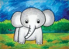 an elephant is standing in the grass with blue sky and clouds behind it, painted by children