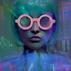 a digital painting of a woman with pink glasses