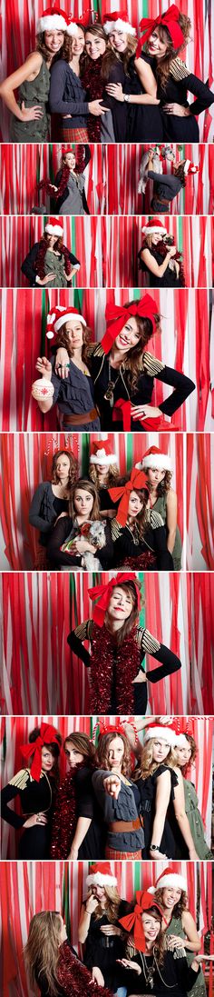 several images of two women in front of a red and white background