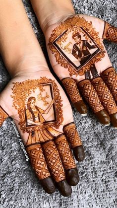 two hands with henna designs on them, one is holding an image of a man and