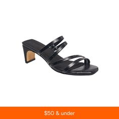 in stock Black Sandals With Padded Heel For Spring, Sleek Sandals With Stacked Heel For Spring, Black Low Heel Sandals For Summer, Sleek Low Heel Sandals For Summer, Black Single Toe Strap Heels For Spring, Black Single Toe Strap Heels For Summer, Black Heels With Single Toe Strap For Spring, Black Low Heel Sandals For Spring, Black Heels With Single Toe Strap For Summer