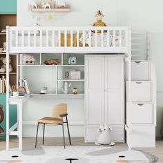 a child's bedroom with a loft bed, desk and bookcase in white