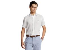 Polo Ralph Lauren Short Sleeve Linen - Classic - Men's Clothing : White : A Polo Ralph Lauren Classic Fit Linen Shirt that will keep you feeling as cool as you look. The button-down shirt is crafted from a lightweight, breathable linen woven with a button-down collar, short sleeves, and finished with a signature pony player embroidery at the left chest. Center box pleat at the straight back yoke. Shirttail hemline. 100% linen. Machine wash, tumble dry. Imported. Measurements: Length: 29 in Chest Formal Short Sleeve Linen Top, Formal Short Sleeve Linen Shirt, Classic Linen Short Sleeve Shirt For Work, Classic Linen Short Sleeve Work Shirt, Classic White Linen Short Sleeve Shirt, Fitted Linen Short Sleeve Casual Shirt, Fitted Linen Short Sleeve Shirt For Spring, Polo Ralph Lauren Shorts, Ralph Lauren Shorts