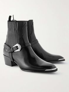 CELINE HOMME Buckled Lizard-Effect Leather Chelsea Boots for Men Luxury Chelsea Boots With Rubber Sole For Derby, Luxury Leather Chelsea Boots With Buckle Closure, Luxury Cap Toe Chelsea Boots For Derby, Luxury Black Calf Leather Derby Shoes, Luxury Black Derby With Leather Sole, Harry Styles Chelsea Boots, Chelsea Boots For Men, Boots Outfit Men, Cowboy Shoes