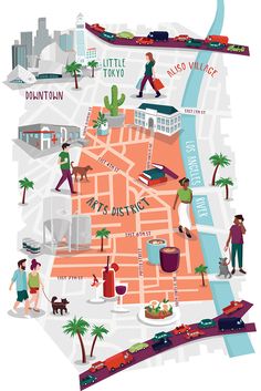 an illustrated map with people walking around it