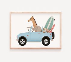 an animal riding in the back of a blue pickup truck with surfboards on top