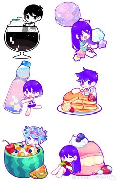 some cartoon characters with food and drinks