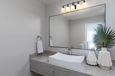 a bathroom sink sitting under a large mirror next to a palm leaf in a vase