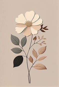 a white flower with green leaves on a beige background