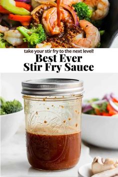 the best ever stir fry sauce in a mason jar with shrimp and broccoli