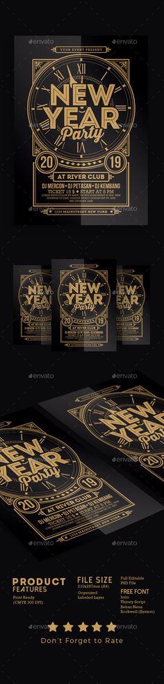 the new year flyer is shown in gold and black