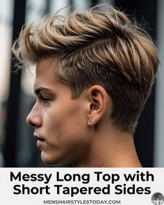 Messy Long Top with Short Tapered Sides Boys Cuts Long On Top Short On Sides, Boys Hair Cut Long On Top Short On Sides, Teenager Boy Haircut Popular, Boy Haircut Long On Top Short On Sides, Teen Boy Hairstyles Medium, Shaved Sides Long Top, Pixies Long, Boys Hair Long On Top Short On Sides, Boys Haircut Long On Top