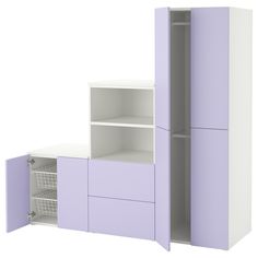 a purple and white kitchen cabinet with drawers