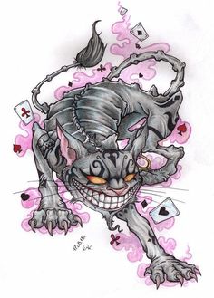 a drawing of a cat with playing cards in it's mouth and eyes, on a white background