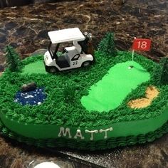 a birthday cake for a man who is driving a golf cart on the green course