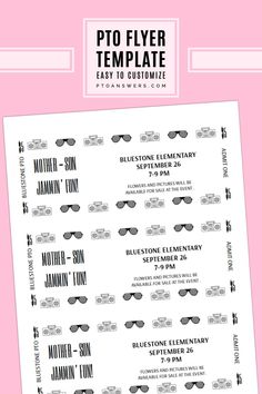 a pink and white flyer with glasses on it