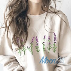 Lavender Embroidered Sweatshirt, Wildflower Embroidered Hoodie, Crewneck Sweatshirt,  Floral Sweatshirt, Valentine's Day Gift, Birthday Gift Firstly, Thank you for shopping with us!  Seeking a distinctive and personalized gifts that will leave a lasting impression? Look no further than our custom Renaissance portraits. We understand the importance of finding the perfect gift for any occasion. Whether it's a birthday, Valentine's Day, Christmas, Mother's Day, Father's Day, anniversary, or any oth Lavender Long Sleeve Sweatshirt For Spring, Spring Lavender Crew Neck Sweatshirt, Lavender Crew Neck Sweatshirt For Spring, Lavender Cotton Crew Neck Sweatshirt, Lavender Crew Neck Sweatshirt For Fall, Lavender Cotton Sweatshirt For Fall, Lavender Long Sleeve Cotton Sweatshirt, Casual Lavender Crew Neck Sweatshirt, Casual Lavender Sweatshirt For Spring