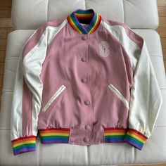 Coach Jacket Rainbow Vintage Style Trim, Satin, Embroidered Back Detail, A Few Stains But Awesome Piece, Size Cssc But Roomy Fits A Size Small Too For Sure. Multicolor Retro Coach Bag, Retro Pink Sports Outerwear, Red Coach Jacket, Pastel Jacket, 90s Multicolor Sports Outerwear, 80s Pastel, Vintage Multicolor Windbreaker With Pockets, Rainbow Vintage, Coach Jacket