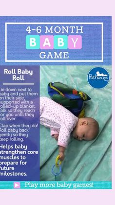 a baby laying on top of a blue blanket next to a game board with instructions