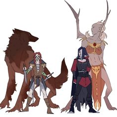 three cartoon characters standing next to each other in front of a wolf and demon character