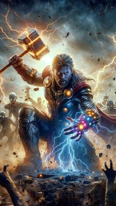 the avengers movie poster with thor holding an ax in his hand and lightning behind him