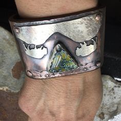 "Buffalo custom cuff each one is entirely hand crafted and no two will be exactly the same. Mountains are all hand sawn with each piece with its own authentic turquoise stone bezel set above the mountains. Arrows embossed in the background. Totally OOAK ! This cuff as pictured comes with a custom made buffalo vintage nickel snap closure. Fits a 7\" wrist. All custom made in the USA" Striped Earrings, Hippie Chick, Buffalo Nickel, Copper Cuff Bracelet, Hippie Look, Copper Cuff, Usa Art, Recycled Leather, Rose Earrings