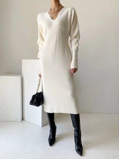 Office V-neck Long Sleeves Knitted Dress Elegant Stretch V-neck Sweater For Winter, White Stretch V-neck Sweater Dress, White V-neck Sweater Dress For Fall, Winter Stretch V-neck Dress, White V-neck Sweater Dress For Winter, Casual White V-neck Dress For Fall, Fitted Long Sleeve V-neck Dress For Winter, Winter V-neck Stretch Long Sleeve Dress, Fall Workwear V-neck Dress