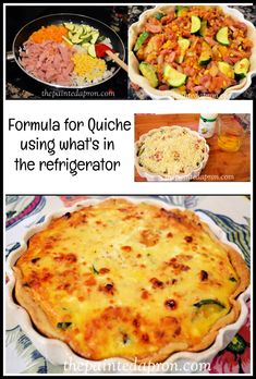 two pictures with different types of food and words describing the benefits of quiche using what's in the refrigerator