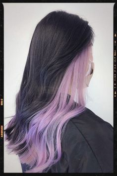 Black Hair With Lavender Streaks, Peekaboo Hair Lavender, Lavender Streaks In Black Hair, One Streak Of Color In Hair Black, Lavender Black Hair, Black Lavender Hair, Black And Dyed Hair, Lavender Hair Underneath, Haircolor Ideas 2020