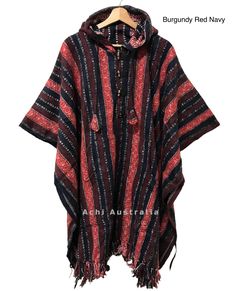 💯% Cotton Handloomed in Nepal Ponchos have been a stable part of festival life for many years. They offer great warmth, are very comfortable and come in many colours to accommodate most peoples tastes. We are proud to bring you our thick weave cotton unisex ponchos that are handmade in Nepal. An allrounder all season outdoor gear for surfing festivals hunting and camping for little colder weather. This poncho have hoodie and front pocket to carry your keys mobile and wallets when you are out and inside ties to secure the poncho. Measurement:-   Width : 116cm (approx) Length : from shoulder 100cm approx) Weight:1.10kg Features:- * Handmade in Nepal  * 💯% Heavy duty cotton fabric  * Opened sides with cotton tie ups * Pocket in the front centre * One size fits most people  CARE: Hand wash i Traditional Cotton Poncho For Fall, Casual Brown Poncho For Festival, Traditional Cotton Poncho For Festival, Casual Cotton Poncho For Festivals, Red Long Sleeve Poncho For Festival, Cotton Long Sleeve Poncho For Festivals, Red Cotton Outerwear For Festivals, Red Cotton Festival Outerwear, Traditional Poncho For Beach In Fall