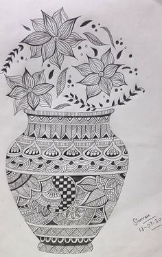 a drawing of a vase with flowers in it