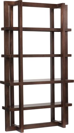 a wooden bookcase with three shelves on each side