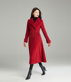 "This is a beautiful, classic wool coat with a modern fit.Perfect for autumn or winter wear! ★★ FEATURES 50% wool blend, 50% fiber, nylon Polyester lining Two side pockets Double breasted wool coat Notched collar wool coat Long sleeve wool coat Fit and flare wool coat Regular fit wool coat Mid calf wool coat Perfect for winter, autumn ★★Mode size Height 170cm (5′ 7″) Bust 84 cm (33\") Waist 66 cm (26\") She wears size XS. ★★ Custom order selection, Will charge 20USD-70USD custom fees Request Cha Solid Wool Coat For Winter, Solid Wool Winter Coat, Winter Double-breasted Solid Wool Coat, Chic Wool Coat For Winter, Long Wool Coat For Cold Weather, Double-breasted Wool Coat For Winter Office Wear, Elegant Wool Coat For Cold Weather In Fall, Double-breasted Wool Coat For Office In Winter, Elegant Wool Coat For Cold Weather And Fall