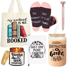 there are many items that can be found in this bag, including books and candles