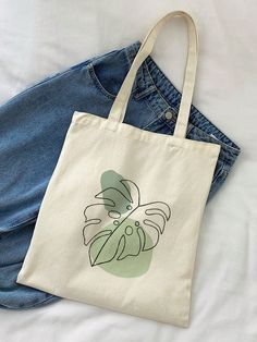 Bege  Collar  Poliéster Plantas Bolsa de ombro Embellished Painted Canvas Bags, Tote Bag Business, Pretty Tote Bags, Canvas Bag Diy, Canvas Bag Design, Sacs Tote Bags