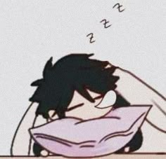 an anime character sleeping in bed with his head on the pillow and writing above him