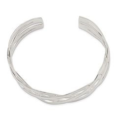 Sterling silver cuff bracelet with woven design and polished finish. Measures approximately 1"W. Modern Silver Braided Bracelets, Modern Silver Braided Bracelet, Gold Gemstone Necklace, Sterling Silver Cuff Bracelet, Woven Design, Sterling Silver Cuff, Silver Cuff Bracelet, Silver Cuff, Types Of Rings