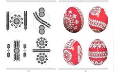 an easter egg with designs on it and some other items in the shape of eggs