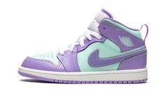 Purple/light green leather/rubber Jordan 1 Mid PS sneakers from JORDAN featuring signature Air Jordan Wings logo, signature Swoosh logo detail, contrasting panel detail, round toe, front lace-up fastening, logo patch at the tongue, ankle-length and rubber sole.  These styles are supplied by a premium sneaker marketplace.  Stocking only the most sought-after footwear, they source and curate some of the most hard to find sneakers from around the world. . Air Jordan 1 Mid Purple, Nike Jordan Air 1, Kids Jordan, Painted Nikes, Authentic Jordans, Nike Fashion Shoes, Rainbow Shoes, Purple Shoes, Stadium Goods